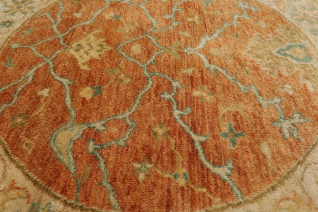 Round Burnt Orange, Beige, Turquoise Color Hand Knotted Agra New Zealand Wool Traditional Oriental Rug