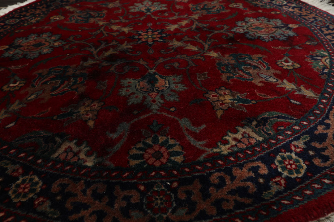 Round Burgundy, Navy, Teal Color Hand Knotted Agra New Zealand Wool Traditional Oriental Rug