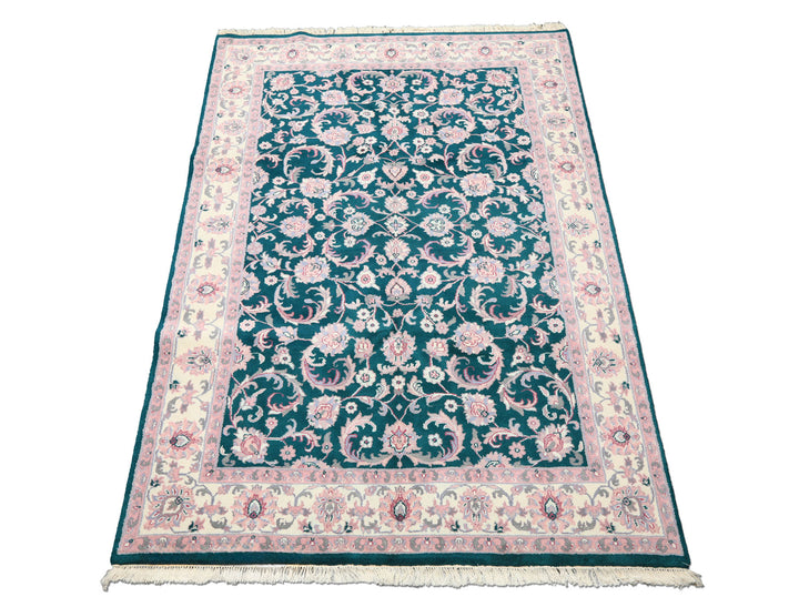 6x9 Emerald, Ivory, Pink Color Hand Knotted Indo Kashan Wool Traditional Oriental Rug
