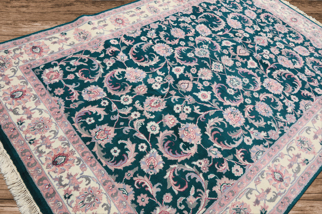 6x9 Emerald, Ivory, Pink Color Hand Knotted Indo Kashan Wool Traditional Oriental Rug