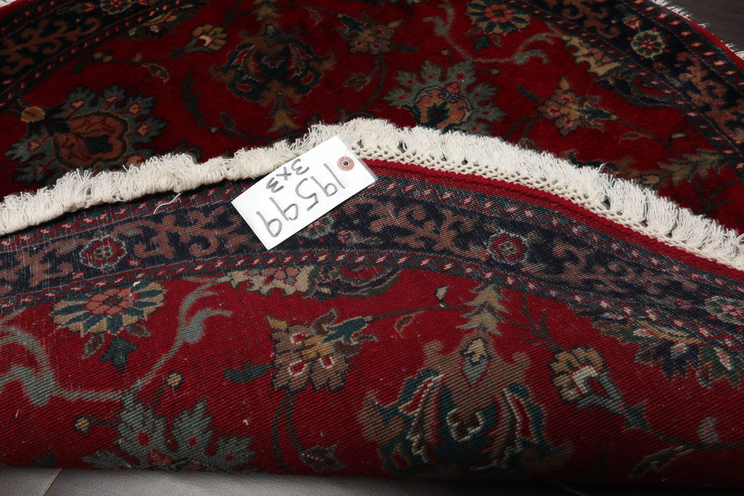 Round Burgundy, Navy, Teal Color Hand Knotted Agra New Zealand Wool Traditional Oriental Rug