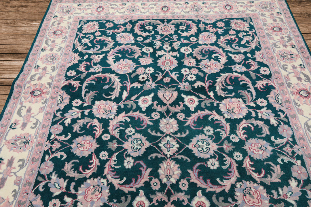 6x9 Emerald, Ivory, Pink Color Hand Knotted Indo Kashan Wool Traditional Oriental Rug