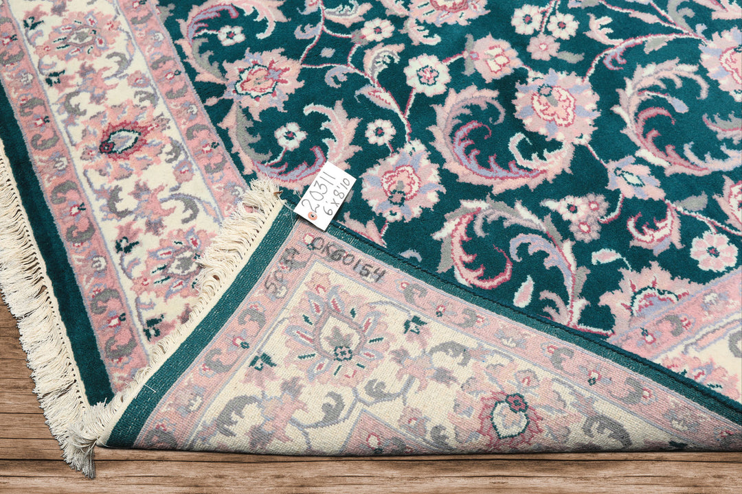 6x9 Emerald, Ivory, Pink Color Hand Knotted Indo Kashan Wool Traditional Oriental Rug