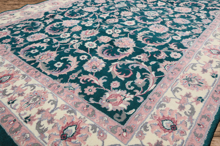 6x9 Emerald, Ivory, Pink Color Hand Knotted Indo Kashan Wool Traditional Oriental Rug