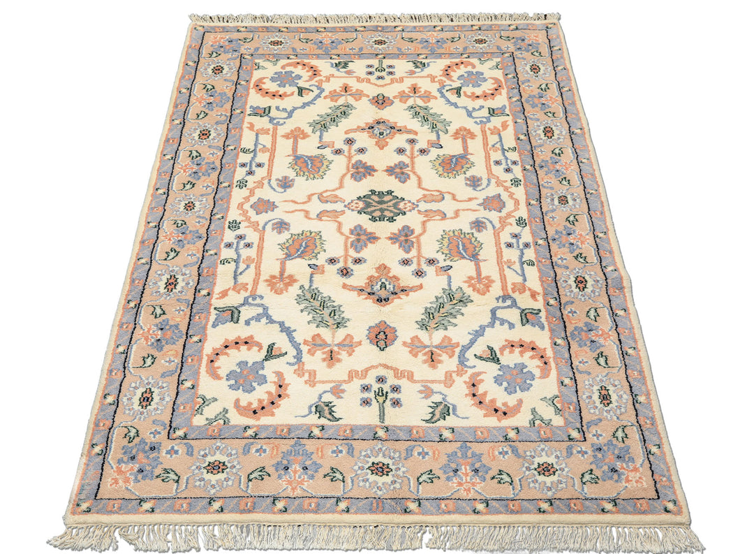 6x9 Ivory, Peach, Blue Color Hand Knotted Indo Persian Wool Traditional Oriental Rug