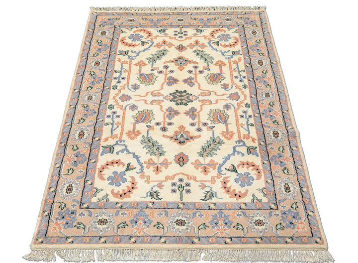 6x9 Ivory, Peach, Blue Color Hand Knotted Indo Persian Wool Traditional Oriental Rug