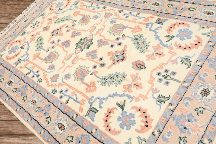 6x9 Ivory, Peach, Blue Color Hand Knotted Indo Persian Wool Traditional Oriental Rug