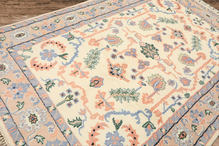 6x9 Ivory, Peach, Blue Color Hand Knotted Indo Persian Wool Traditional Oriental Rug