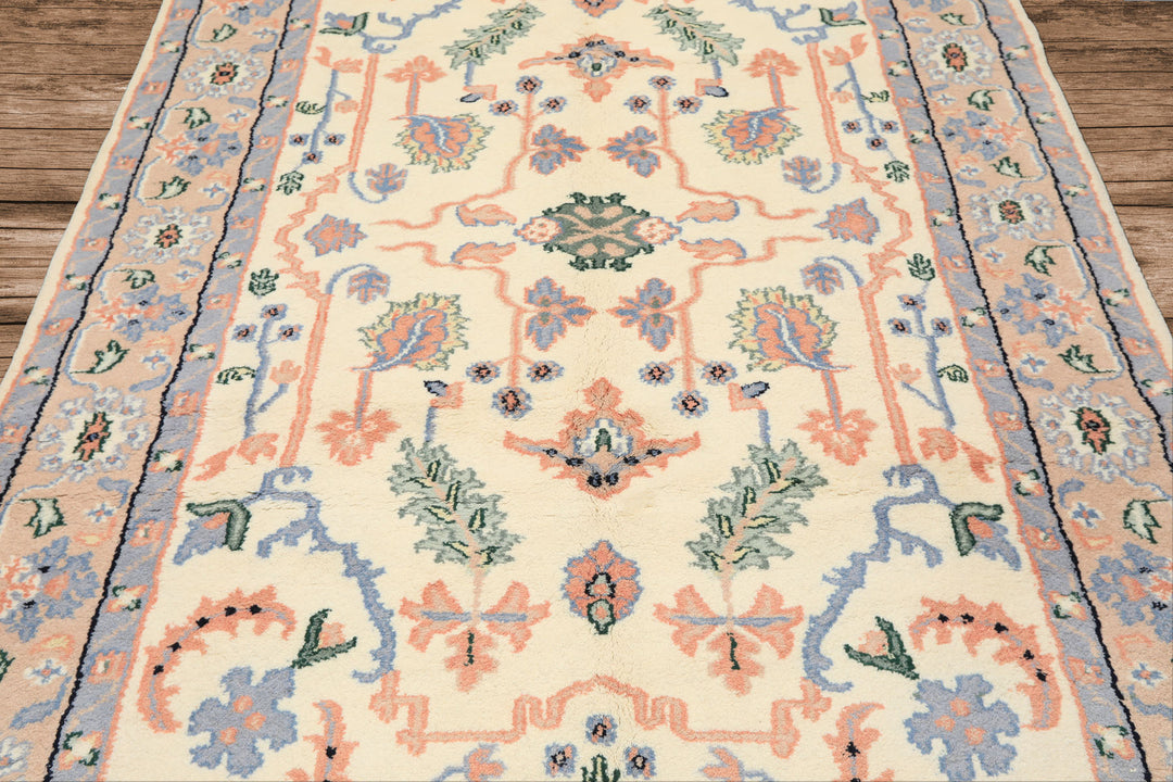 6x9 Ivory, Peach, Blue Color Hand Knotted Indo Persian Wool Traditional Oriental Rug