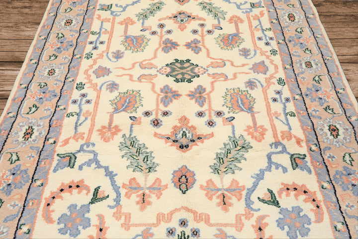 6x9 Ivory, Peach, Blue Color Hand Knotted Indo Persian Wool Traditional Oriental Rug