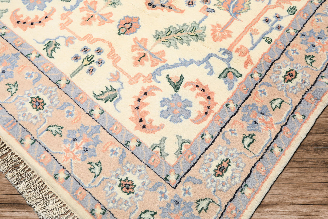 6x9 Ivory, Peach, Blue Color Hand Knotted Indo Persian Wool Traditional Oriental Rug
