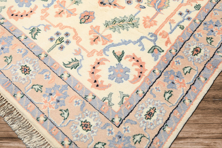 6x9 Ivory, Peach, Blue Color Hand Knotted Indo Persian Wool Traditional Oriental Rug