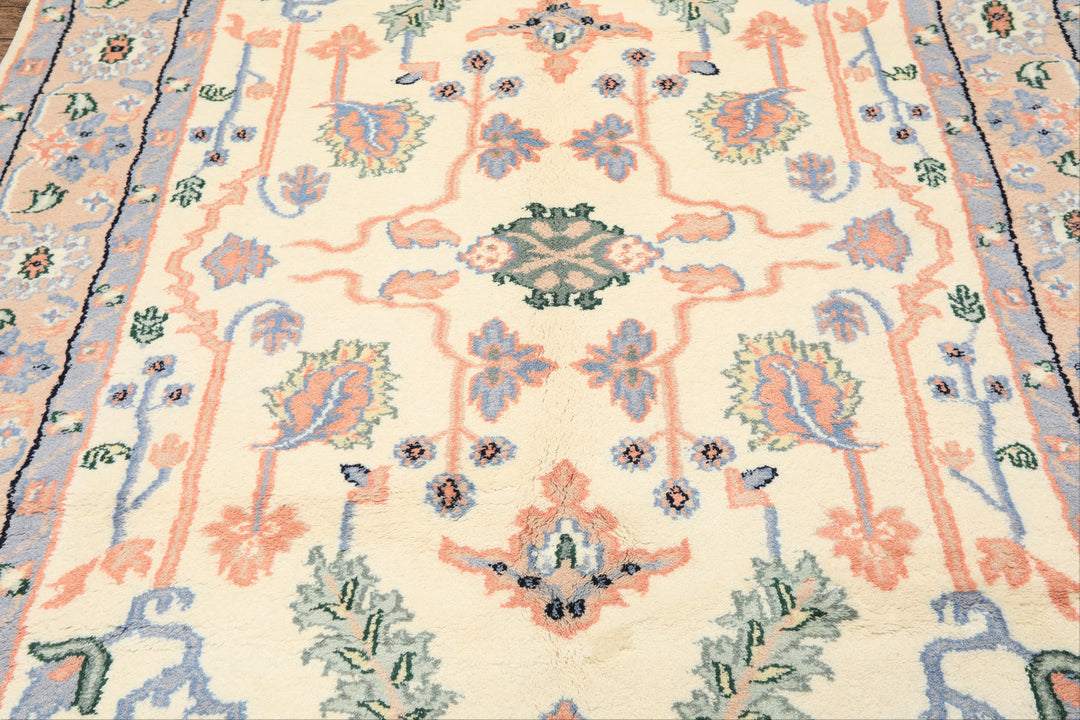 6x9 Ivory, Peach, Blue Color Hand Knotted Indo Persian Wool Traditional Oriental Rug