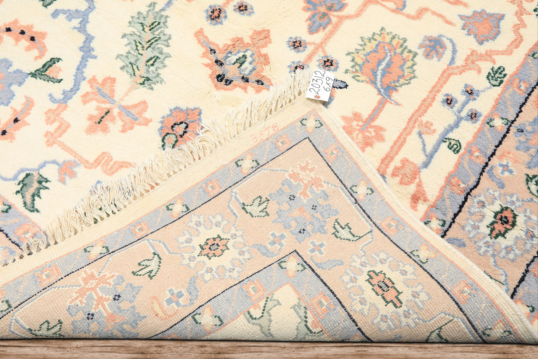 6x9 Ivory, Peach, Blue Color Hand Knotted Indo Persian Wool Traditional Oriental Rug