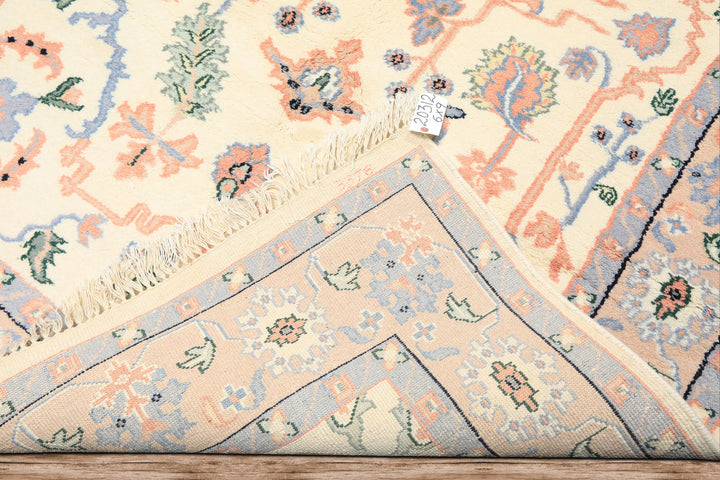 6x9 Ivory, Peach, Blue Color Hand Knotted Indo Persian Wool Traditional Oriental Rug