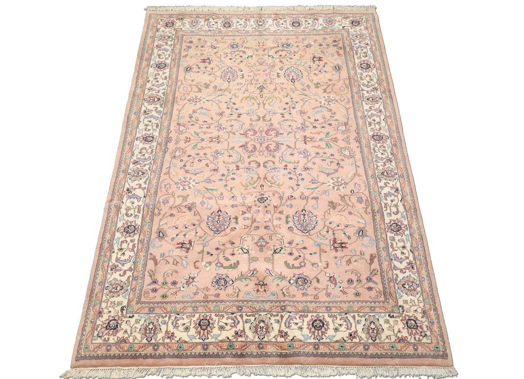 6x9 Baby Pink, Ivory, Aqua Color Hand Knotted Indo Kashan Wool Traditional Oriental Rug