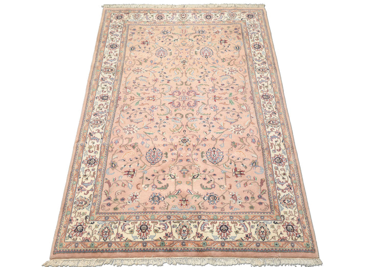 6x9 Baby Pink, Ivory, Aqua Color Hand Knotted Indo Kashan Wool Traditional Oriental Rug