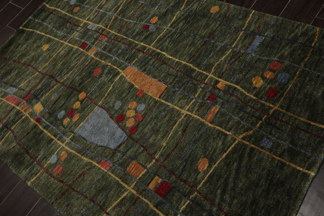 4x6 Green, Peach, Gold Color Hand Knotted Tibetan Wool Modern Oriental Rug