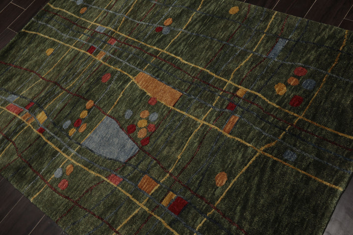 4x6 Green, Peach, Gold Color Hand Knotted Tibetan Wool Modern Oriental Rug