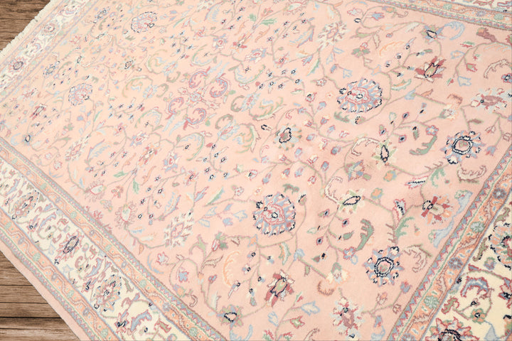 6x9 Baby Pink, Ivory, Aqua Color Hand Knotted Indo Kashan Wool Traditional Oriental Rug