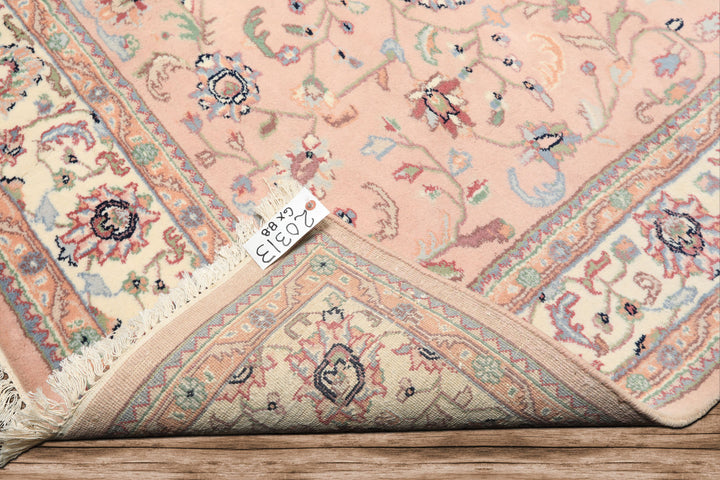 6x9 Baby Pink, Ivory, Aqua Color Hand Knotted Indo Kashan Wool Traditional Oriental Rug