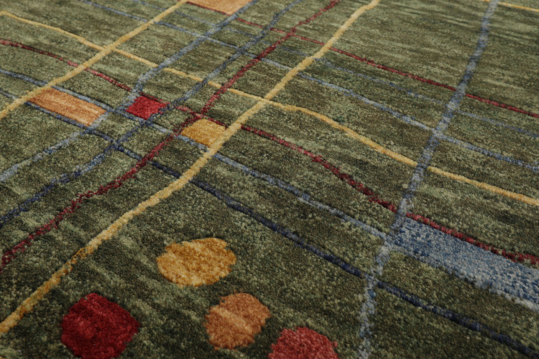 4x6 Green, Peach, Gold Color Hand Knotted Tibetan Wool Modern Oriental Rug