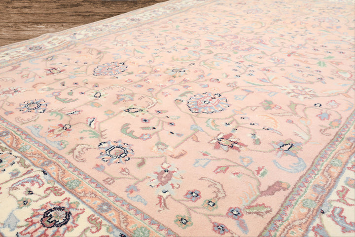 6x9 Baby Pink, Ivory, Aqua Color Hand Knotted Indo Kashan Wool Traditional Oriental Rug