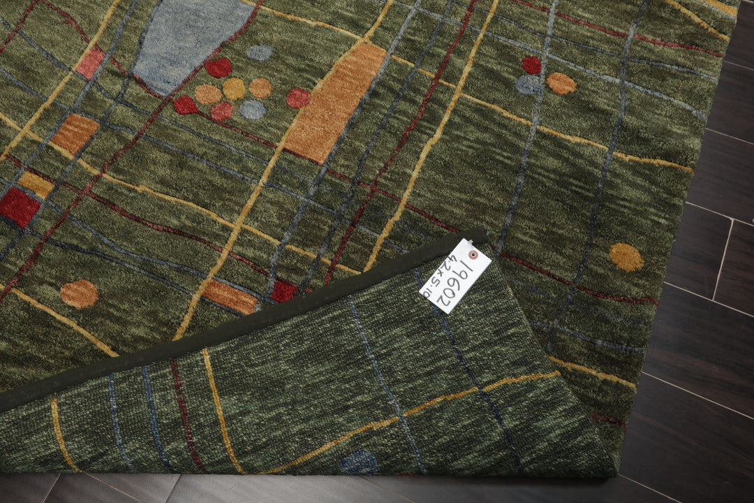 4x6 Green, Peach, Gold Color Hand Knotted Tibetan Wool Modern Oriental Rug