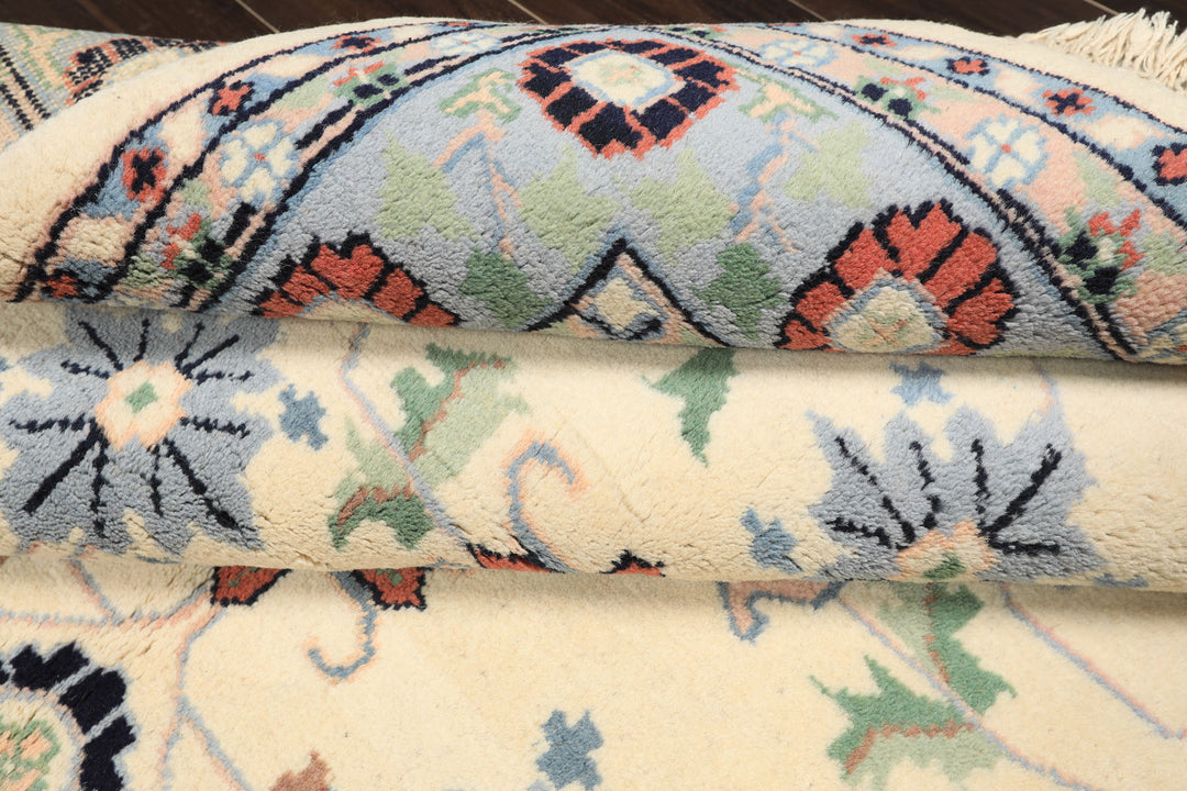 5x8 Ivory, Blue, Black Color Hand Knotted Indo Kashan Wool Traditional Oriental Rug