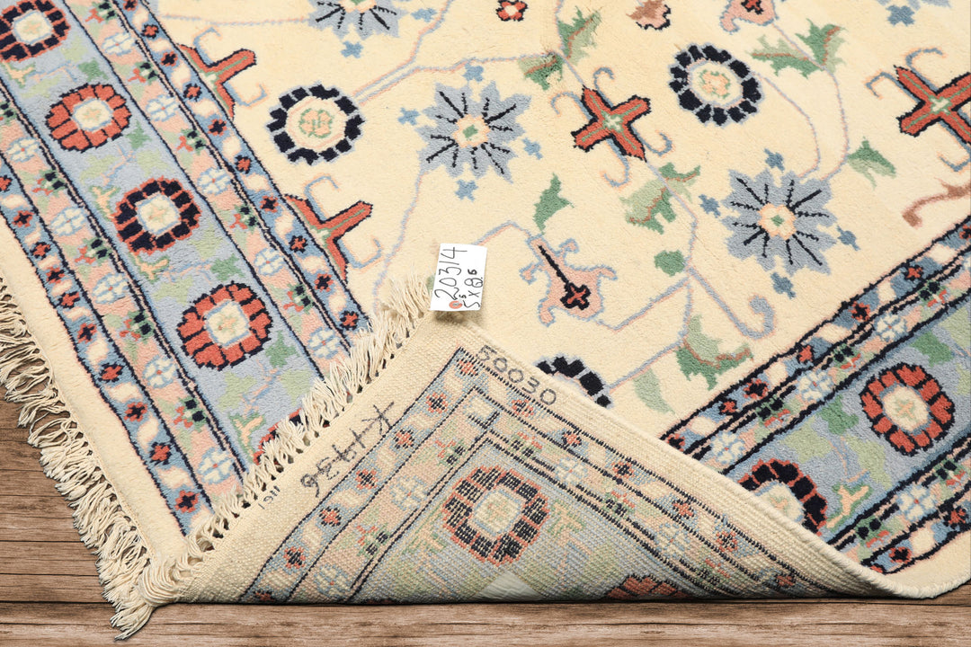 5x8 Ivory, Blue, Black Color Hand Knotted Indo Kashan Wool Traditional Oriental Rug