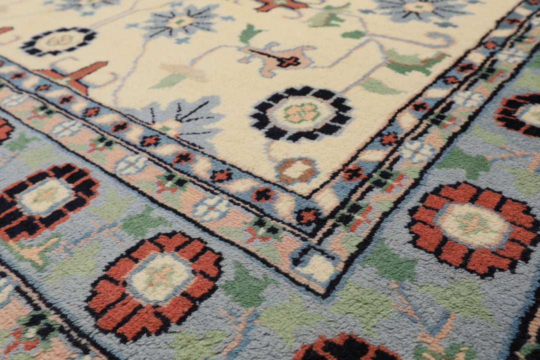 5x8 Ivory, Blue, Black Color Hand Knotted Indo Kashan Wool Traditional Oriental Rug