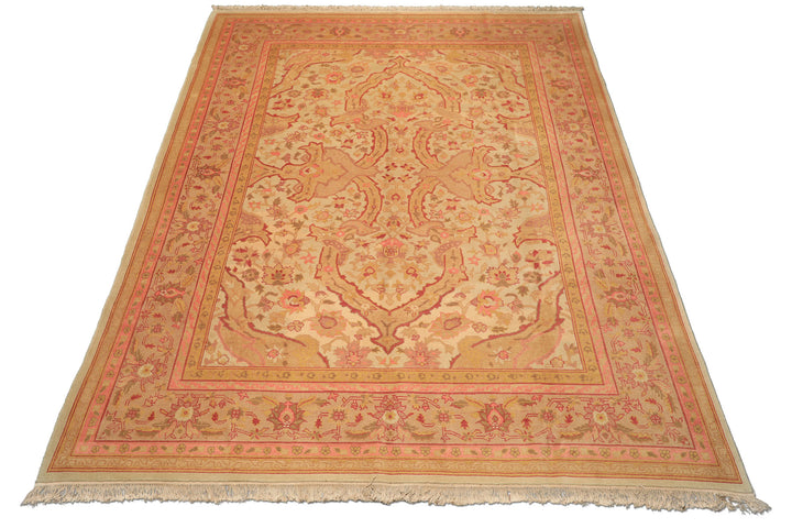 9x12 Beige, Pink, Rose Color Hand Knotted Indo Oushak Wool Arts & Crafts Oriental Rug