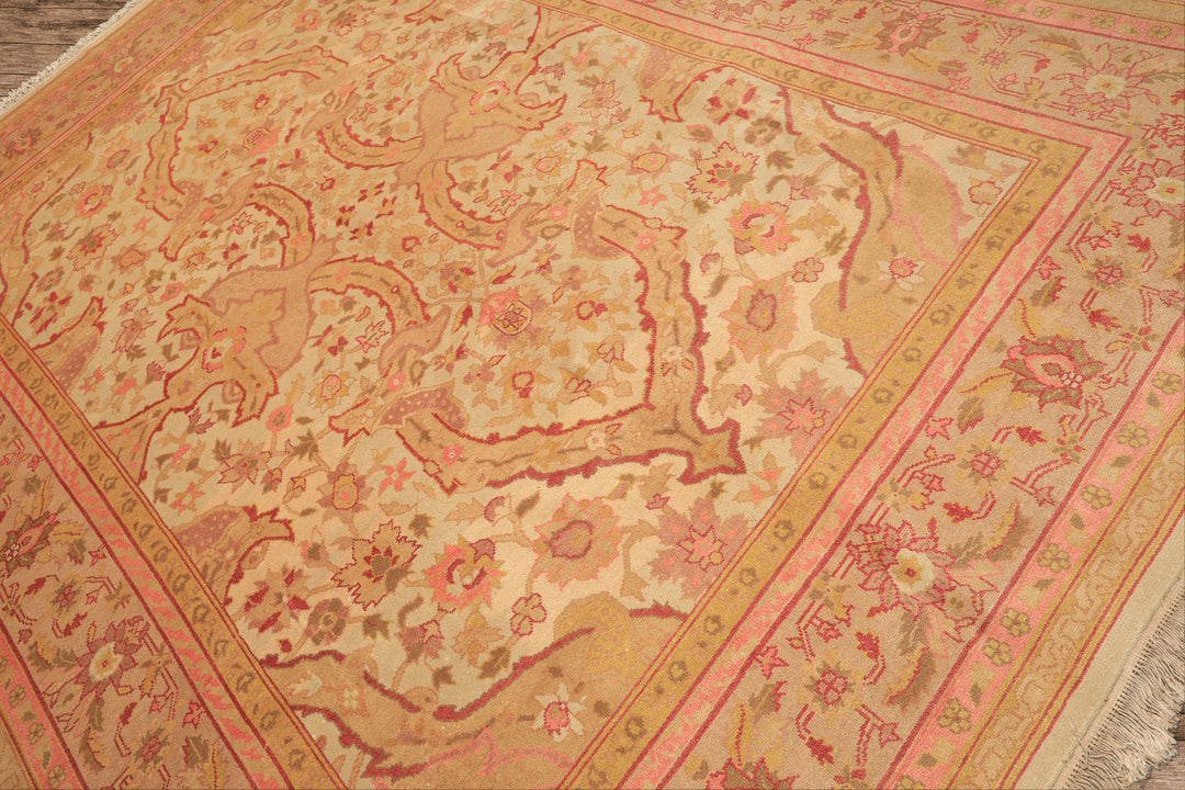 9x12 Beige, Pink, Rose Color Hand Knotted Indo Oushak Wool Arts & Crafts Oriental Rug