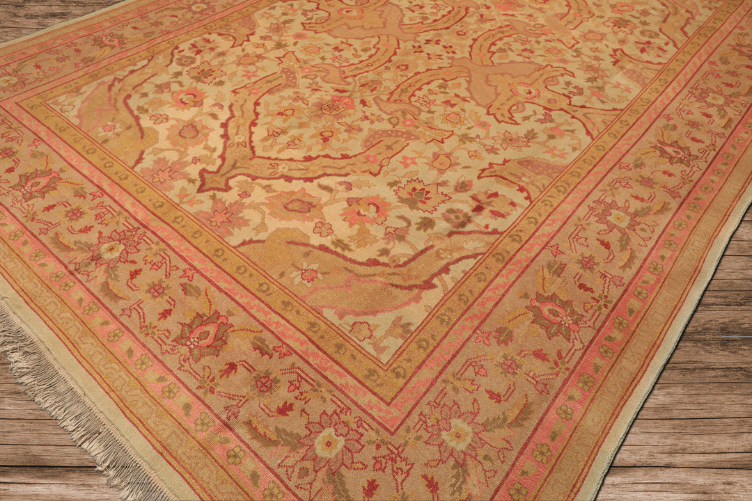 9x12 Beige, Pink, Rose Color Hand Knotted Indo Oushak Wool Arts & Crafts Oriental Rug