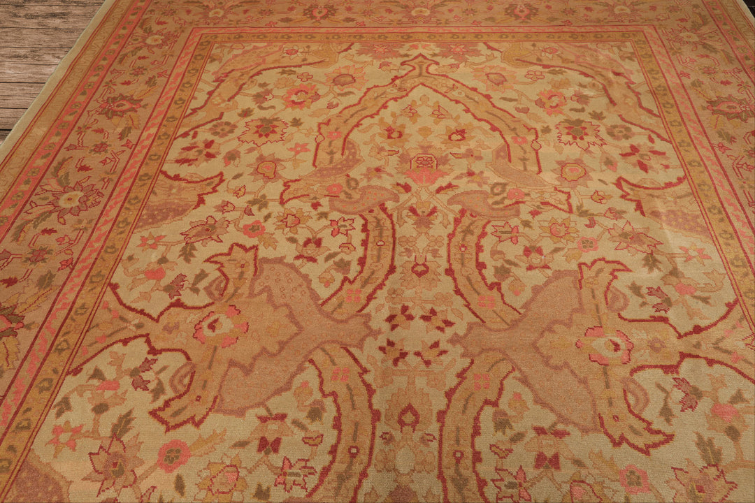 9x12 Beige, Pink, Rose Color Hand Knotted Indo Oushak Wool Arts & Crafts Oriental Rug