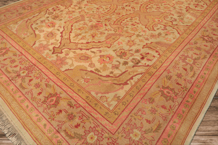 9x12 Beige, Pink, Rose Color Hand Knotted Indo Oushak Wool Arts & Crafts Oriental Rug