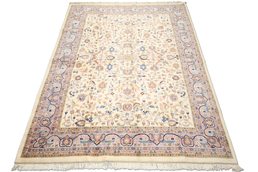 9x12 Ivory, Faded Lavender, Sage Color Hand Knotted Indo Kashan Wool Traditional Oriental Rug