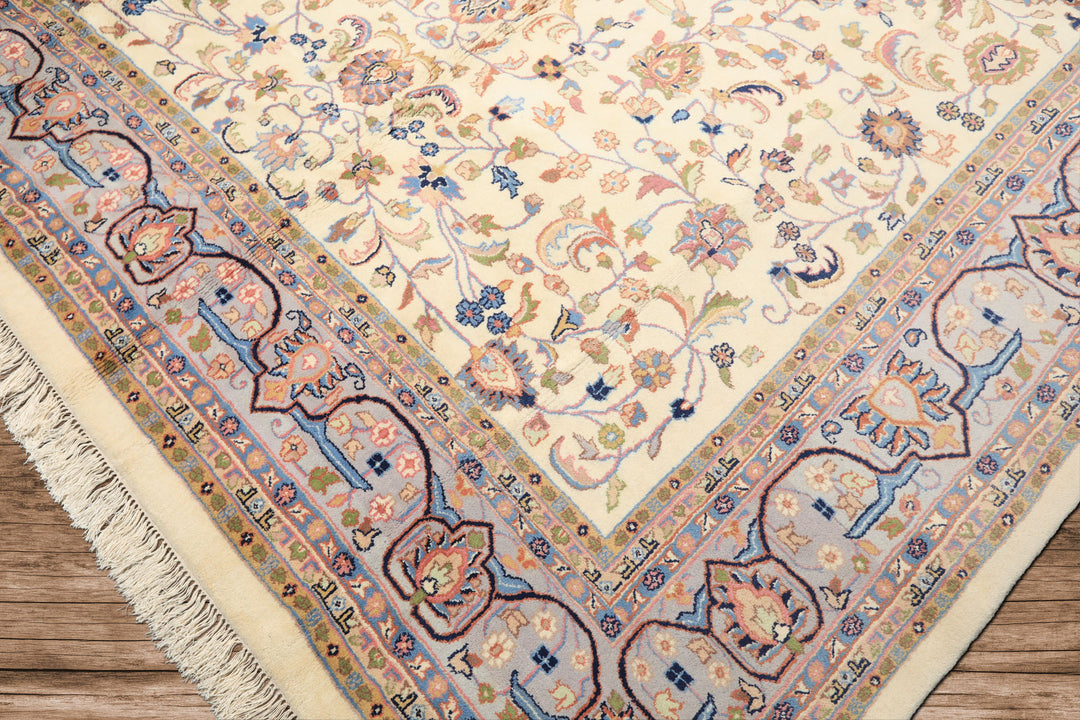 9x12 Ivory, Faded Lavender, Sage Color Hand Knotted Indo Kashan Wool Traditional Oriental Rug