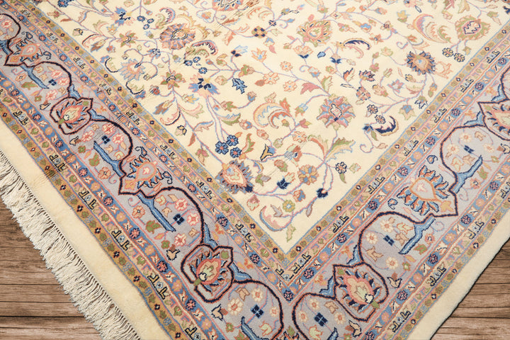 9x12 Ivory, Faded Lavender, Sage Color Hand Knotted Indo Kashan Wool Traditional Oriental Rug