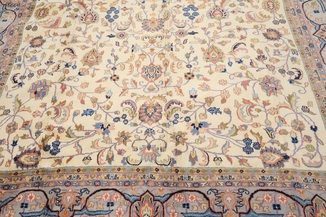 9x12 Ivory, Faded Lavender, Sage Color Hand Knotted Indo Kashan Wool Traditional Oriental Rug