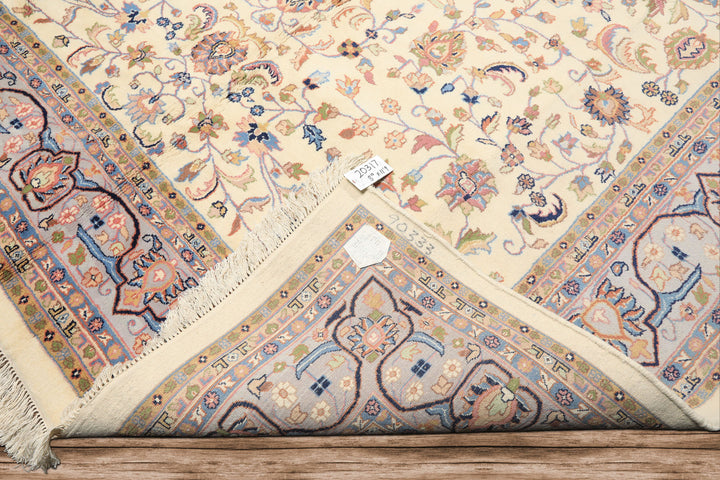 9x12 Ivory, Faded Lavender, Sage Color Hand Knotted Indo Kashan Wool Traditional Oriental Rug