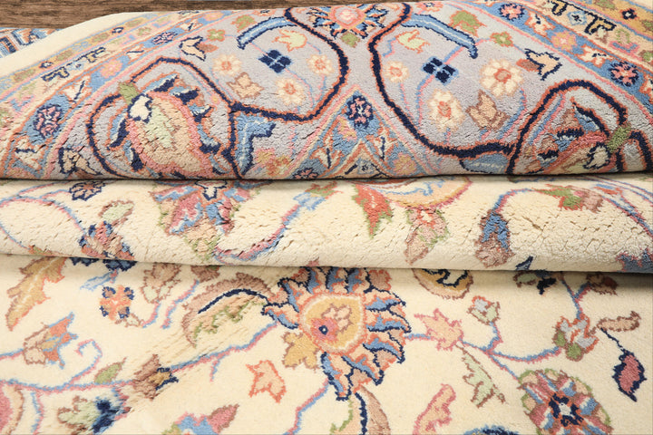 9x12 Ivory, Faded Lavender, Sage Color Hand Knotted Indo Kashan Wool Traditional Oriental Rug