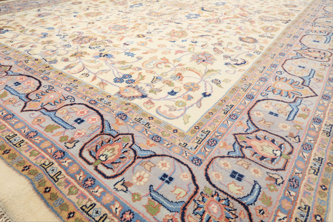 9x12 Ivory, Faded Lavender, Sage Color Hand Knotted Indo Kashan Wool Traditional Oriental Rug