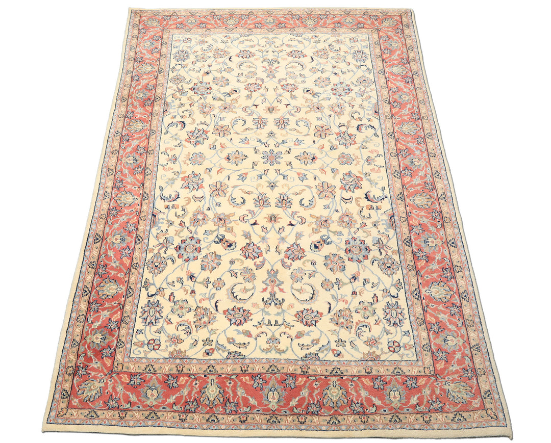 6x9 Ivory, Rose, Blue Color Hand Knotted Indo Kashan Wool Traditional Oriental Rug