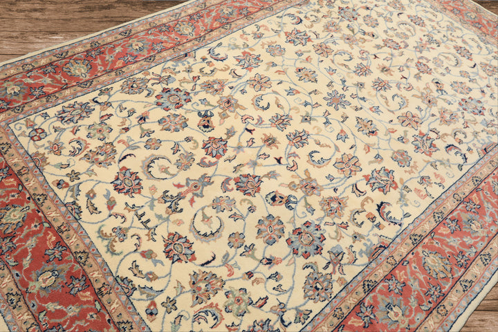 6x9 Ivory, Rose, Blue Color Hand Knotted Indo Kashan Wool Traditional Oriental Rug