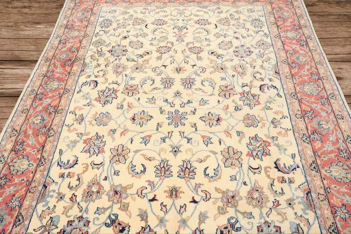 6x9 Ivory, Rose, Blue Color Hand Knotted Indo Kashan Wool Traditional Oriental Rug