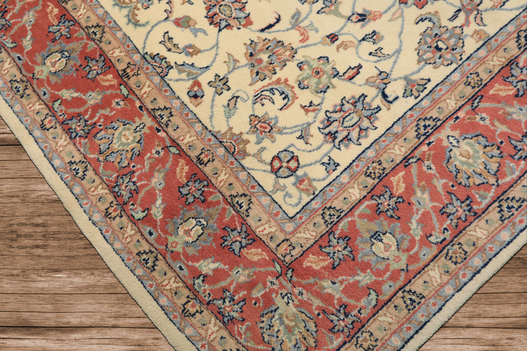 6x9 Ivory, Rose, Blue Color Hand Knotted Indo Kashan Wool Traditional Oriental Rug