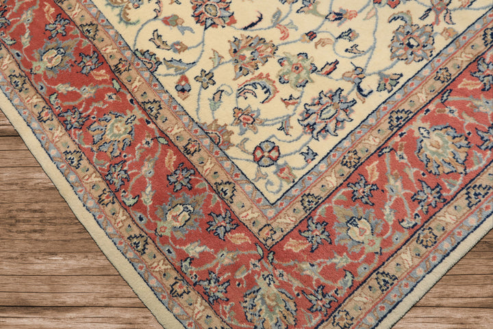 6x9 Ivory, Rose, Blue Color Hand Knotted Indo Kashan Wool Traditional Oriental Rug