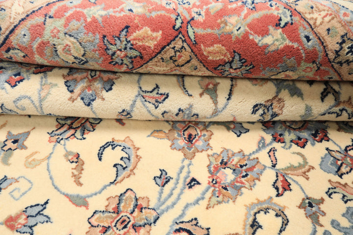 6x9 Ivory, Rose, Blue Color Hand Knotted Indo Kashan Wool Traditional Oriental Rug