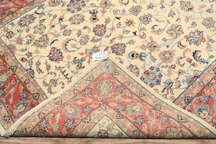 6x9 Ivory, Rose, Blue Color Hand Knotted Indo Kashan Wool Traditional Oriental Rug